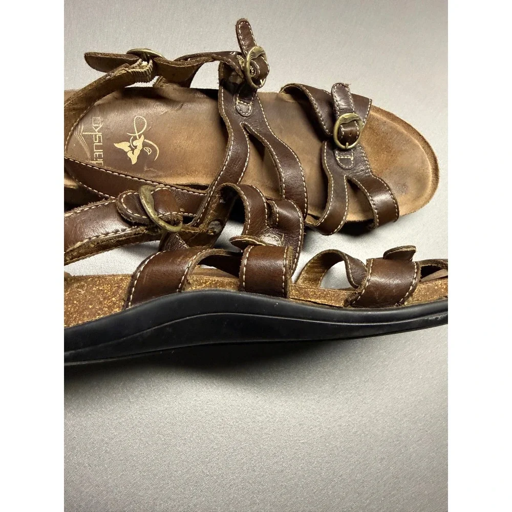 Dansko Brown Leather Strappy‎ Comfort Sandals Buckle Ankle Strap Womens